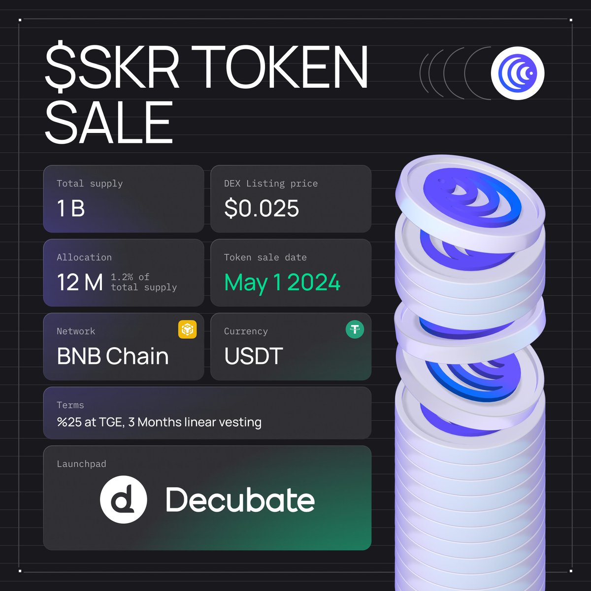 1/2 Don't get confused over all of the excitement!

We all can't wait for the May 1st when the $SKR token will launch.

Here's a convenient #token Sale Cheat Sheet with all of the information you need to know👇
#IDO #tokenlaunch #TGE #web3