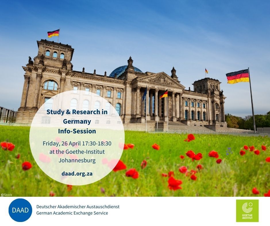💚 FINAL REMINDER - Study & Research in Germany Info-Session 💚 📆 Fri, 26 April 17:30 - 18:30 📍 Goethe-Institut Johannesburg 👉 Participation is free! 🔗 Register: bit.ly/4cWxzwx 👀 The Goethe Institute will be hosting a free Film Screening at 18:30! See you there!