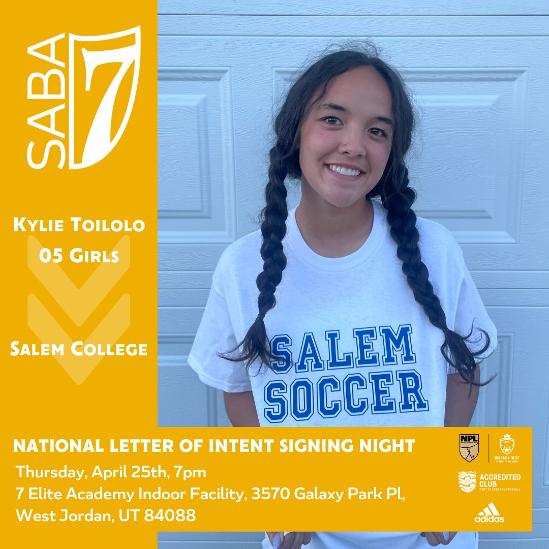 DEVELOPMENT 🇺🇲🇬🇧🇹🇿 Congratulations to Kylie Toilolo from our 05 Girls, who has committed to @SalemCollege 🎓⚽

Don't miss our National Letter of Intent Signing Night TONIGHT ✍️🥳

JOIN US TRYOUTS 👇
📲 DM
📥 info.usa@7eliteacademy.com
🌐 7tryouts.com

#7EliteSABA