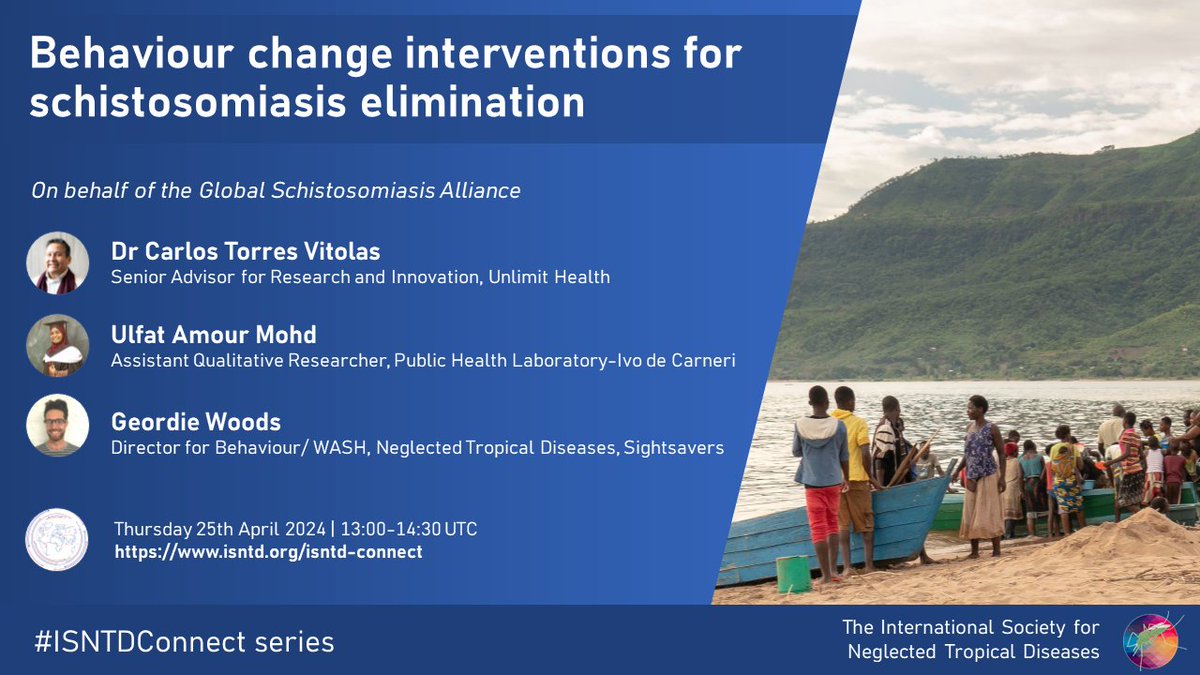 Don't miss today's #ISNTDConnect on using #BehaviourChange interventions for #Schistosomiasis elimination, incl. finding fr a systematic review, learnings fr  Zanzibar & intro to the @NTD_NGOs Guide to Social & Behaviour Change in NTD programmes.
isntd.org/isntd-connect
#BeatNTDs