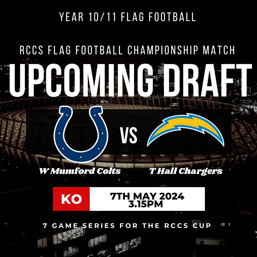 𝙍𝘾𝘾𝙎 𝘾𝙪𝙥 𝘿𝙧𝙖𝙛𝙩🏈

Year 10/11 Boys/Girls Flag Football Series!

Please see Mr Allen in the PE Dept to sign up for our RCCS Players Draft to play in our RCCS Cup Match between the⤵️

𝙒 𝙈𝙪𝙢𝙛𝙤𝙧𝙙 𝘾𝙤𝙡𝙩𝙨 &amp; 𝙏 𝙃𝙖𝙡𝙡 𝘾𝙝𝙖𝙧𝙜𝙚𝙧𝙨 🏈

#RCCSFlagCup 🏆💪🏼