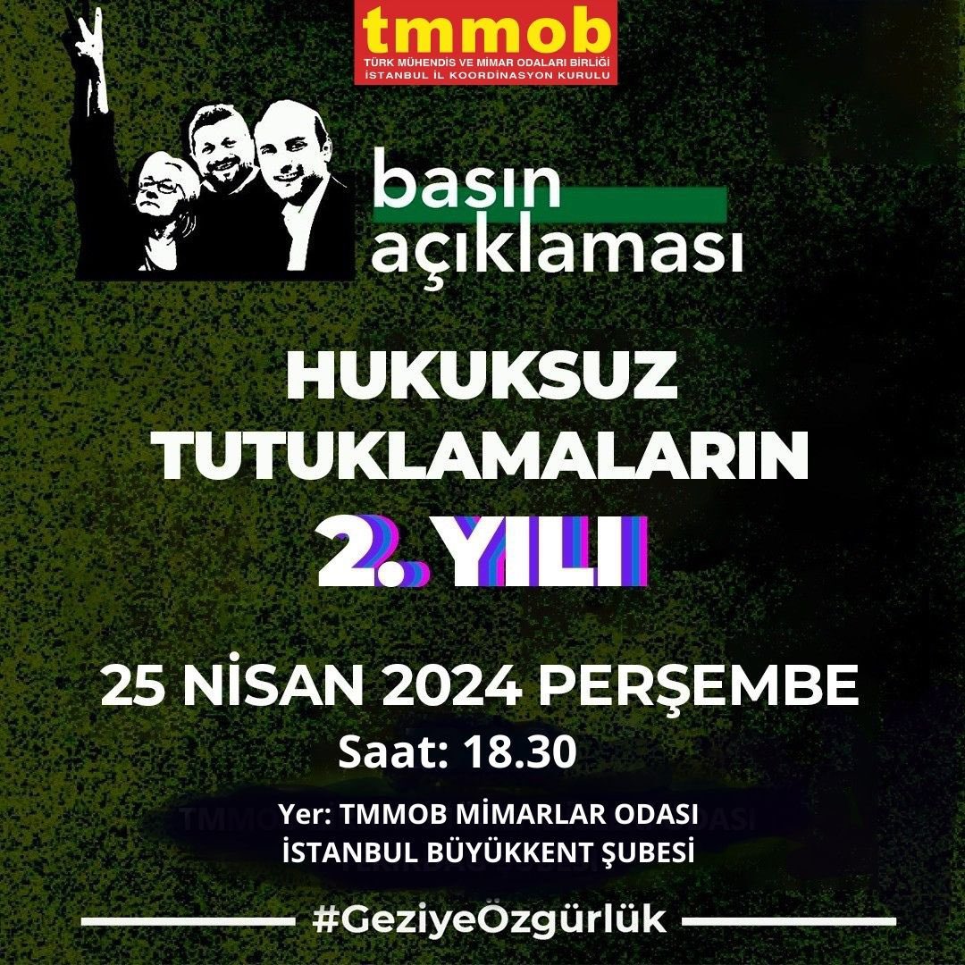 Gezi tutukluları 2 yıldır haksız ve hukuksuz bir şekilde cezaevindeler. Tutukluluklarının 2. Yılında tüm duyarlı kent halkını ve meslektaşlarımızı basın açıklamamıza davet ediyoruz. Gezi onurumuzdur. @gezisavunmasi @gezisavunmasi