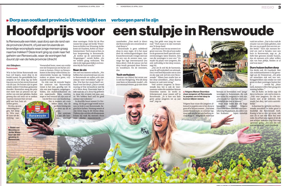 Ik wist t al een poosje maar t staat nu ook in de krant <a href="/ad_utrecht/">AD Utrechts Nieuwsblad</a> : Renswoude is een centraal gelegen klein en sociaal dorp waar veel reuring is en we elkaar op straat gedag zeggen.