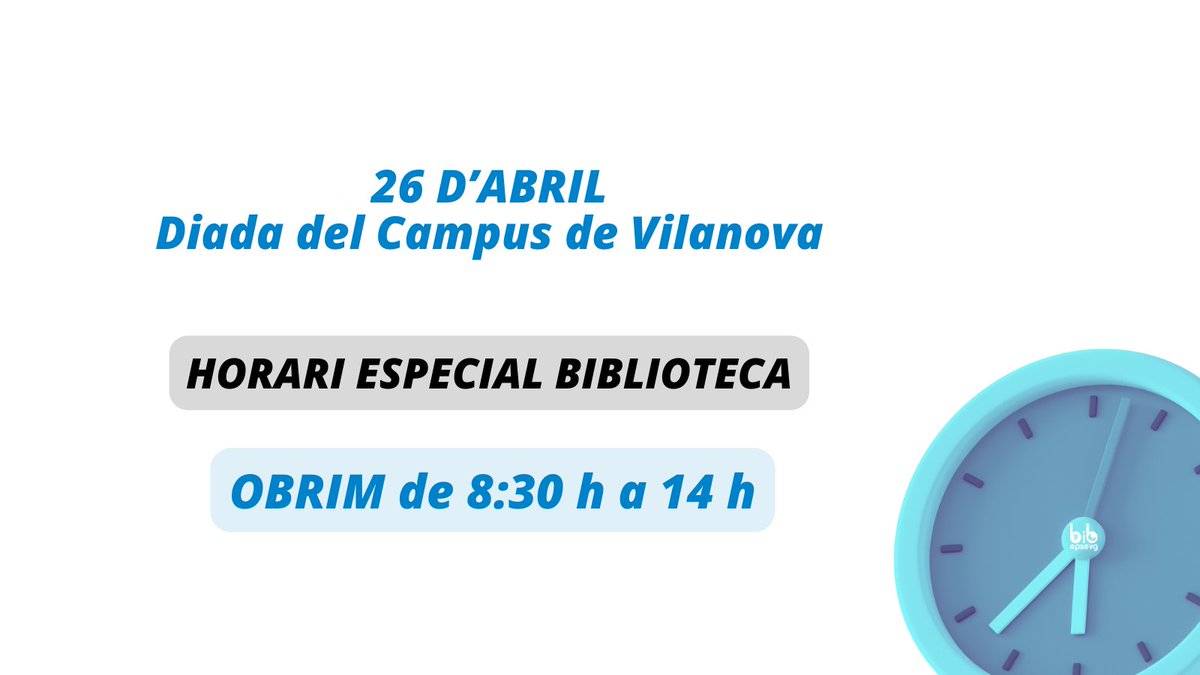 📢ATENCIÓ! 📢 Divendres, 26 d'abril, modifiquem el nostre horari d'obertura habitual amb motiu de la Diada del Campus de Vilanova i la Geltrú. bibliotecnica.upc.edu/horaris#EPSEVG