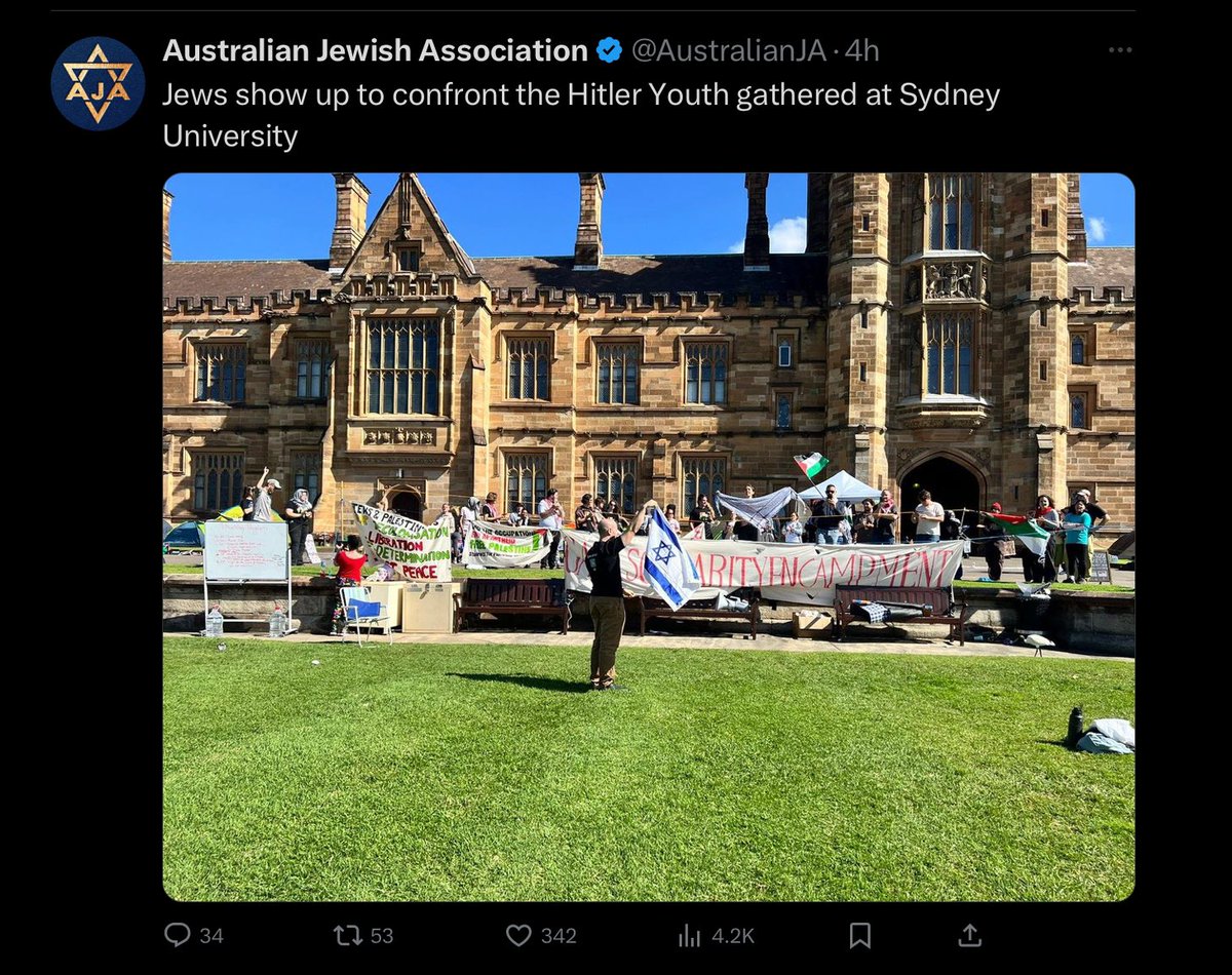 🛑How many ‘Jews’ can you spot? This is yet another comedic stir from the Australian Jewish Association👇.

For the record, many Jews support anti-genocide protests, while Zionists regularly seek to cause provocations.

#Gaza #Israel #GazaGeniocide #Columbia_University @SFP_USyd