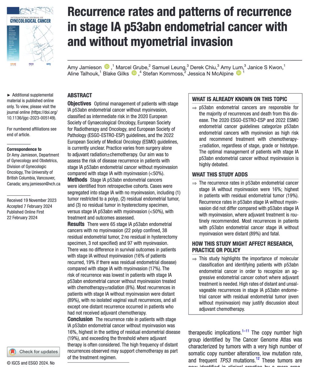 Multicenter cohort of patients with stage IA p53 abnormal #endometrialcancer without myometrial invasion had 16% risk for recurrent disease with most having distant pattern of recurrence. ijgc.bmj.com/content/34/4/5… <a href="/IJGConline/">IJGC</a> <a href="/DrAmyJamieson/">Amy Jamieson</a> #gyncsm #gynonc