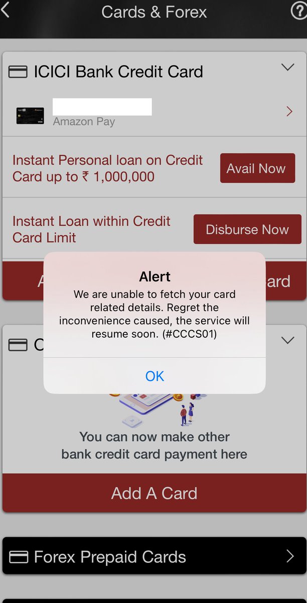 amitbhawani's tweet image. I was just about to make some payments and found that the #iMobile App from #ICICIBank is also down now, and the card section shows an alert. It looks like the bank is probably fixing this bug!

I don't think #ICICI would acknowledge the goof-up they did with their customers,