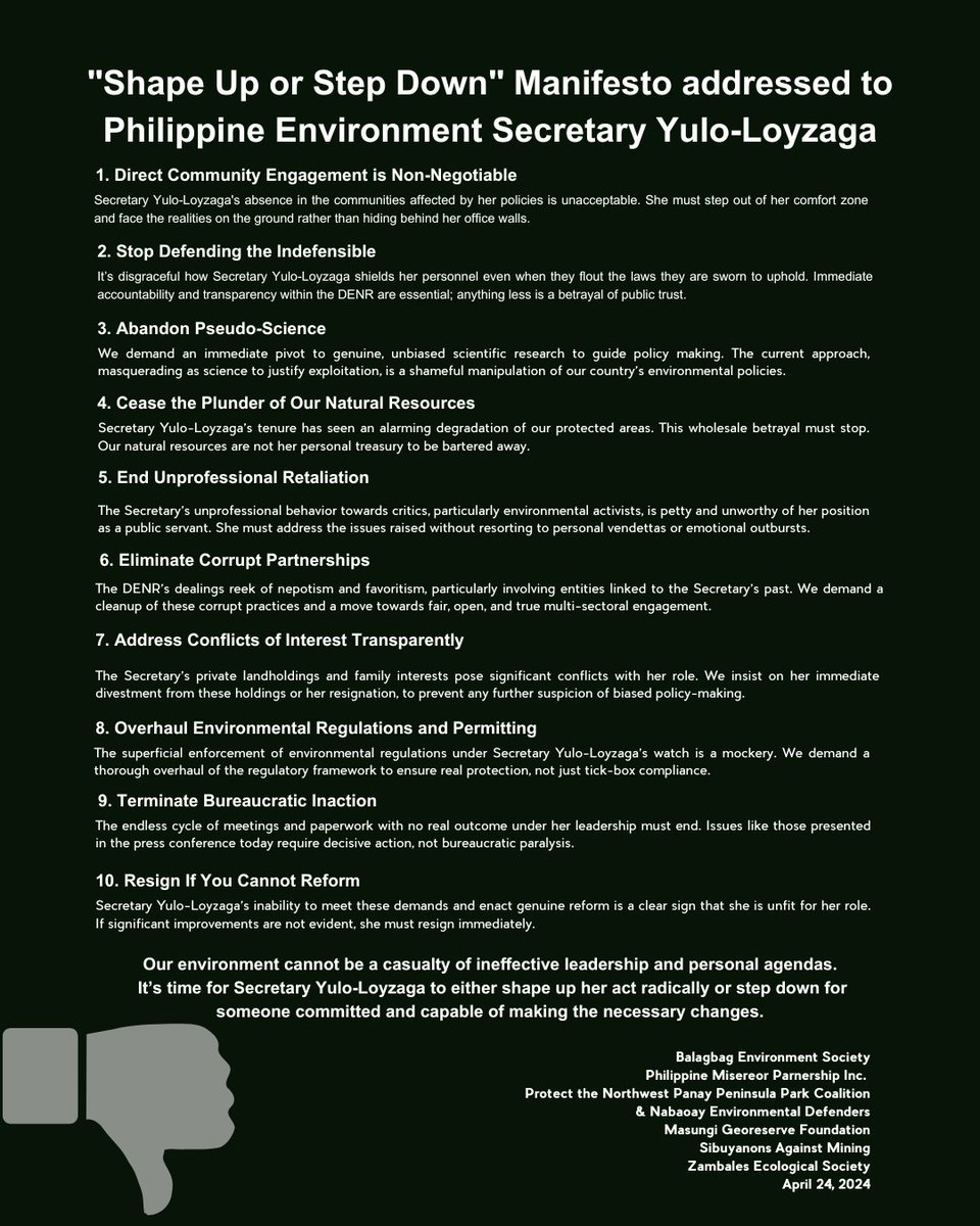 SHAPE UP OR STEP DOWN MANIFESTO OF FRONTLINE ENVIRONMENTAL GROUPS ADDRESSED TO @DENROfficial (DENR) SECRETARY MA. ANTONIA “TONI” YULO-LOYZAGA: The 10-point manifesto summarizes the groups’ grievances and experiences with the governance of the Secretary for the past two years.