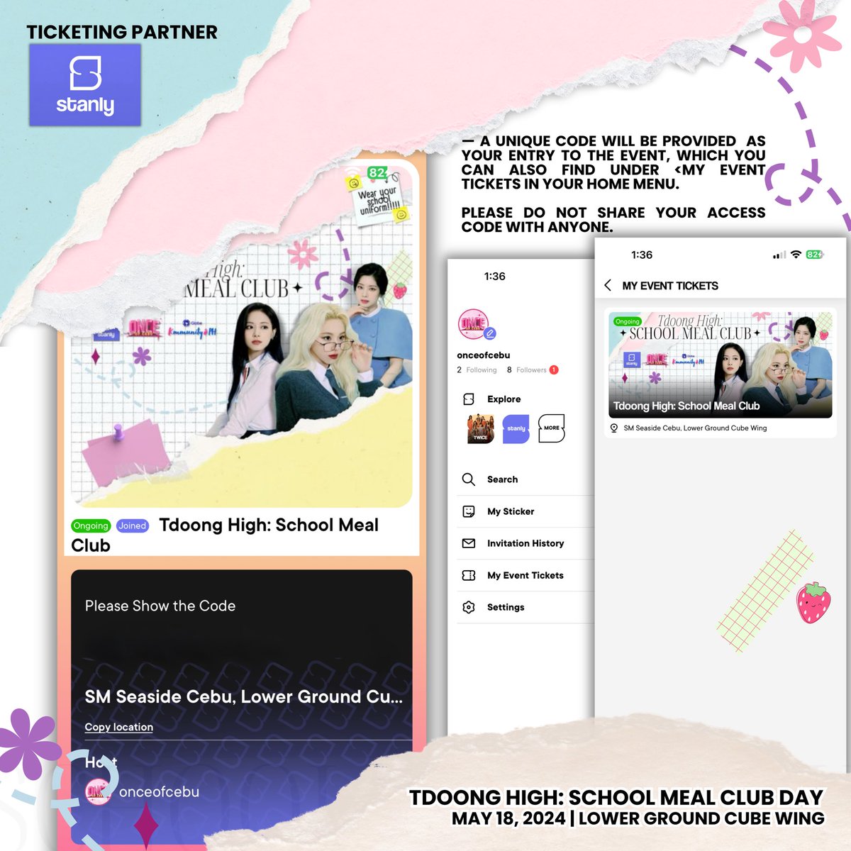 📣 EARLY ENROLLMENT IS NOW AVAILABLE ✨

💳 Download the Stanly app and enter code DFCWBZ. Join the Twice fandom and follow the instructions below to secure your ticket using your debit or credit card. 

See you there!! 💖

#CHAEYOUNG #DAHYUN #TZUYU
#ONCEofCebuEvents #TWICE