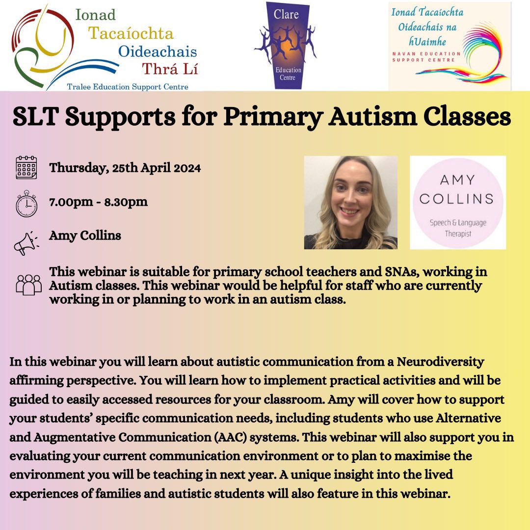 SLT Supports for Primary Autism Classes Date: Thursday, 25th April 2024 Time: 7.00pm - 8.30pm Venue: Online via Zoom Target Audience: Primary school teachers and SNAs, working in Autism classes. @ClareEdCentre @CentreNavan Register here : zoom.us/webinar/regist…