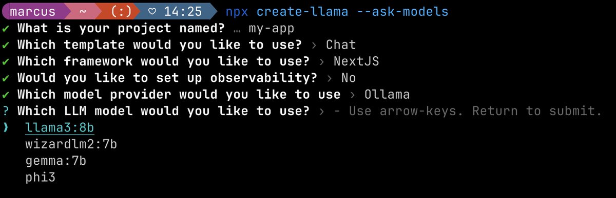 Did you know you can use local @ollama models with `create-llama` from @llama_index? You can add the `--ask-models` parameter and select, for example, @AIatMeta's Llama3 or @Microsoft's Phi-3 model.