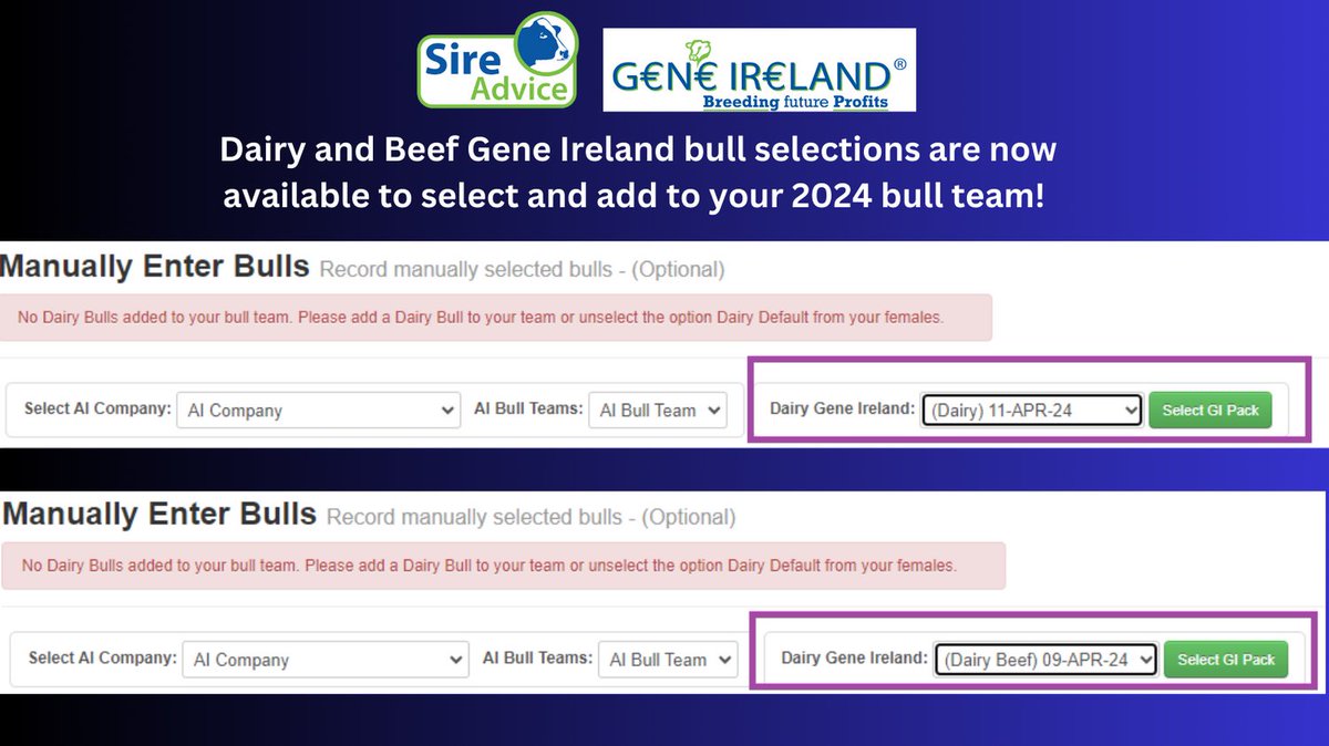 Are you using Dairy or Dairy x Beef Gene Ireland straws this breeding season? Selections now available on Sire Advice. Don't forget to add to your 2024 bull team for optimised matings and to maximise genetic gain. #2024bullselection