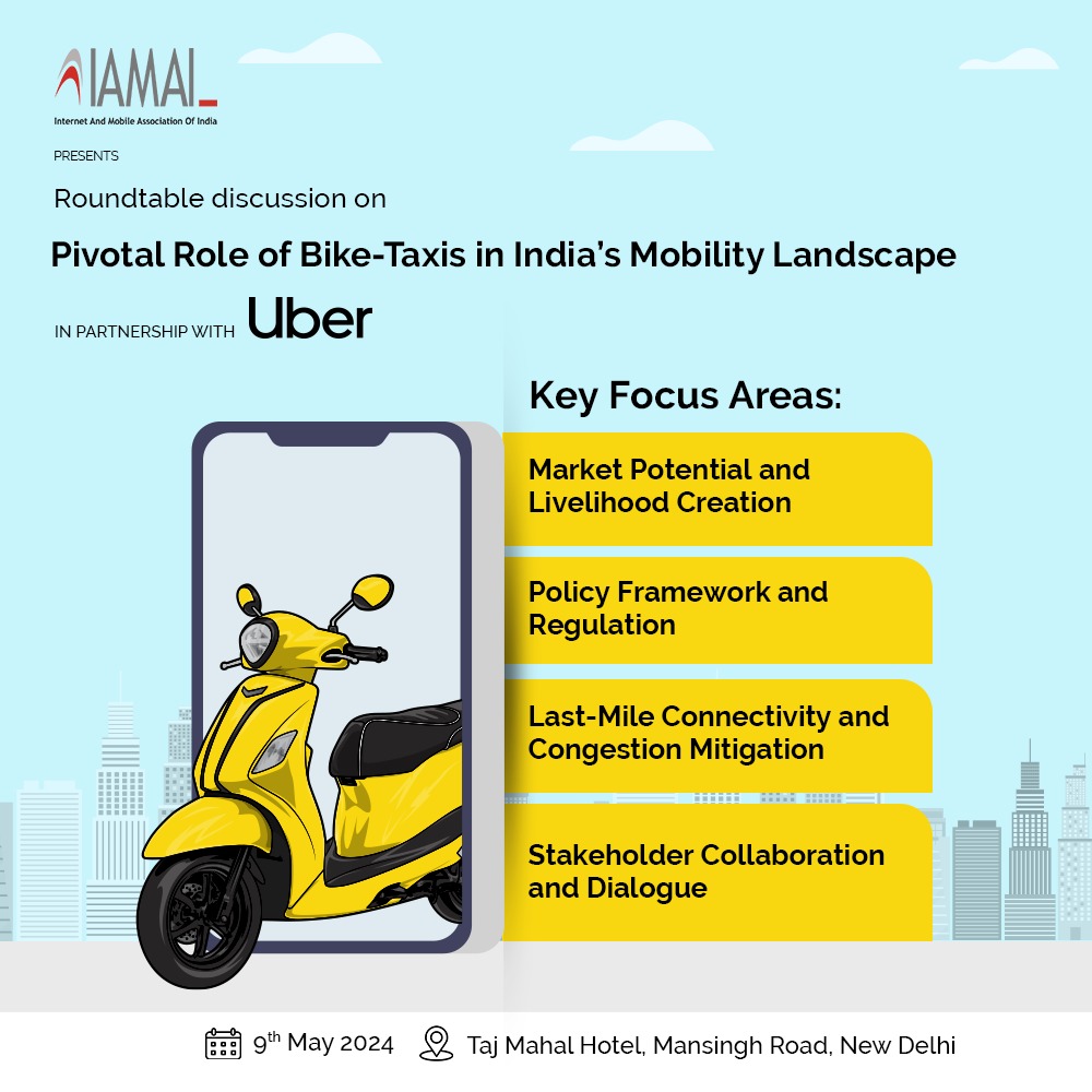 IAMAIForum's tweet image. Dive into the future of mobility with industry leaders at the Bike-Taxis Roundtable Discussion, hosted by the Internet and Mobile Association of India (IAMAI) in partnership with @Uber

For more details visit eventsites.iamai.in/Role-of-Bike-T…

#IAMAI #RoundTables #Uber #MobilityRevolution