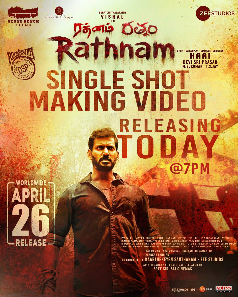 Rathnam - Single shot action making video releasing today at 7PM 🔥 get ready to know the process behind the much awaited sequence! Starring Puratchi Thalapathy @VishalKOfficial. A @ThisisDSP musical. A film by #Hari, in theatres from tomorrow. @stonebenchers