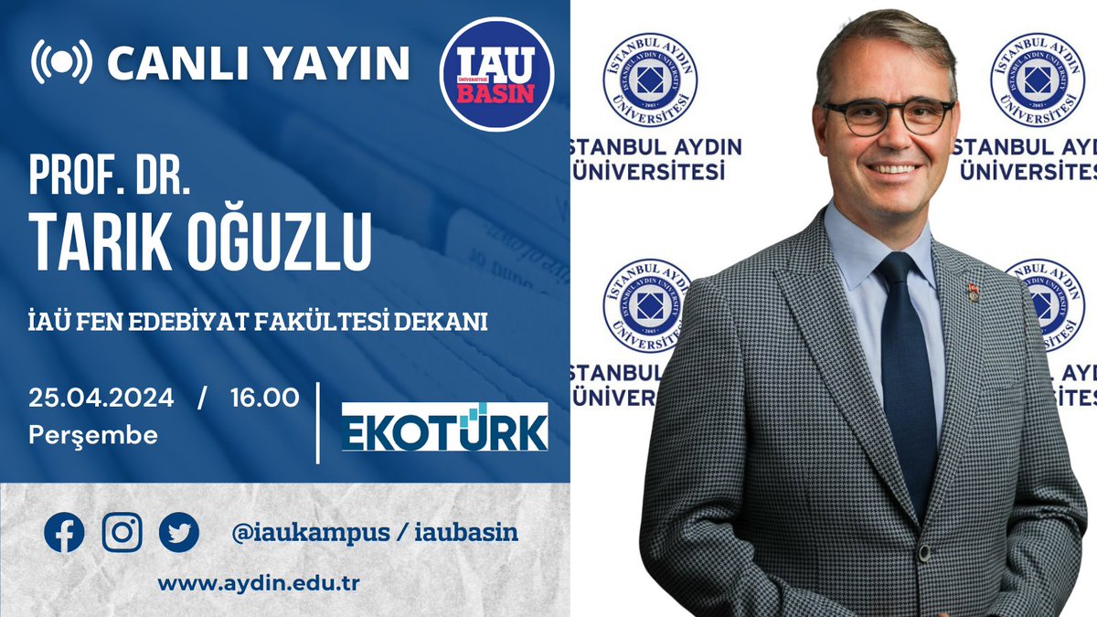 📺 Fen Edebiyat Fakültesi Dekanımız Prof. Dr. Tarık Oğuzlu, dış politika ve uluslararası siyaset üzerine değerlendirmelerde bulunacak. İzlemek için 📷 ekoturk.com/canli-yayin/ @drmaydin @IAUKampus @TarikOguzlu @fef_iau @Ekoturktv