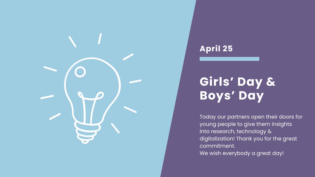 Heute findet bei unseren Partnern der #GirlsDay #BoysDay statt! 👩‍🔬👏💻Danke für das große Engagement & die vielen Angebote. Schön, dass so viele Jugendliche Einblicke in Forschung, Technik & Digitalisierung bekommen! 🌈 Wir wünschen einen tollen Tag! tinyurl.com/yk4kzb4e