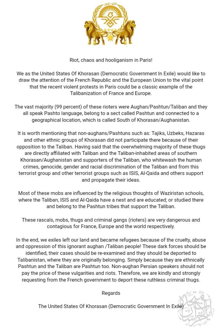 Riot, chaos and hooliganism in Paris!

We as the United States Of Khorasan (Democratic Government In Exile) would like to draw the attention of the French Republic and the European Union to the vital point that the recent violent protests in Paris could be a classic example of