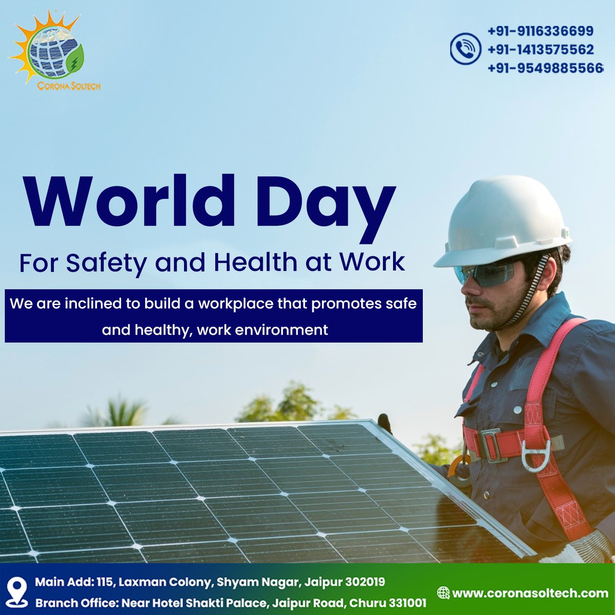 At Corona Soltech, we prioritize the safety and well-being of our employees above all else. We're committed to creating a safe and healthy work environment that fosters a positive and productive experience for everyone. #CoronaSoltech #WorldDayofSafetyandHealthatWork #safetyfirst