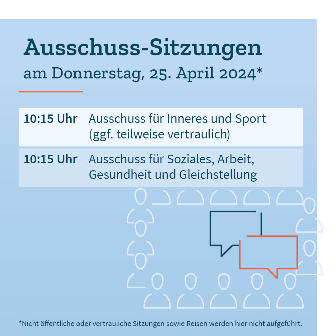 #Servicepost
Im #ltnds tagen heute folgende Ausschüsse:
10:15 Uhr AfIuS 👉  sohub.io/kq0e
10:15 Uhr AfSAGuG 👉  sohub.io/axhc