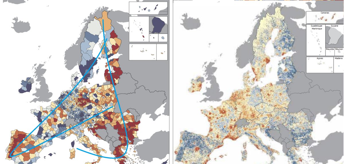 The 9th Cohesion Report confirms the new definition of what is a #depopulation region is in play(nobody uses the one in the ERDF Regulation).
If you look at NUTS3 (provinces) it shows 2 'Diagonales du Vide'(NE-SW&E-E),but if you look at local level it is as fuzzy as the ERDF one.