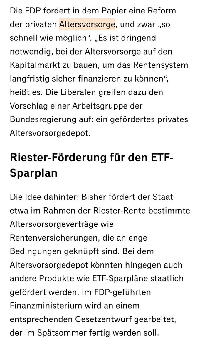 Die FDP arbeitet weiterhin anscheinend an einer Rentenreform. Wäre lustig, wenn sie Krypto-Sparpläne über ETPs / ETNs bezuschussen würde. Fraglich ist natürlich was gegen die SPD & Grünen am Ende durchgebracht werden kann.
Das winzige und wirkungslose Generationenkapital sowie