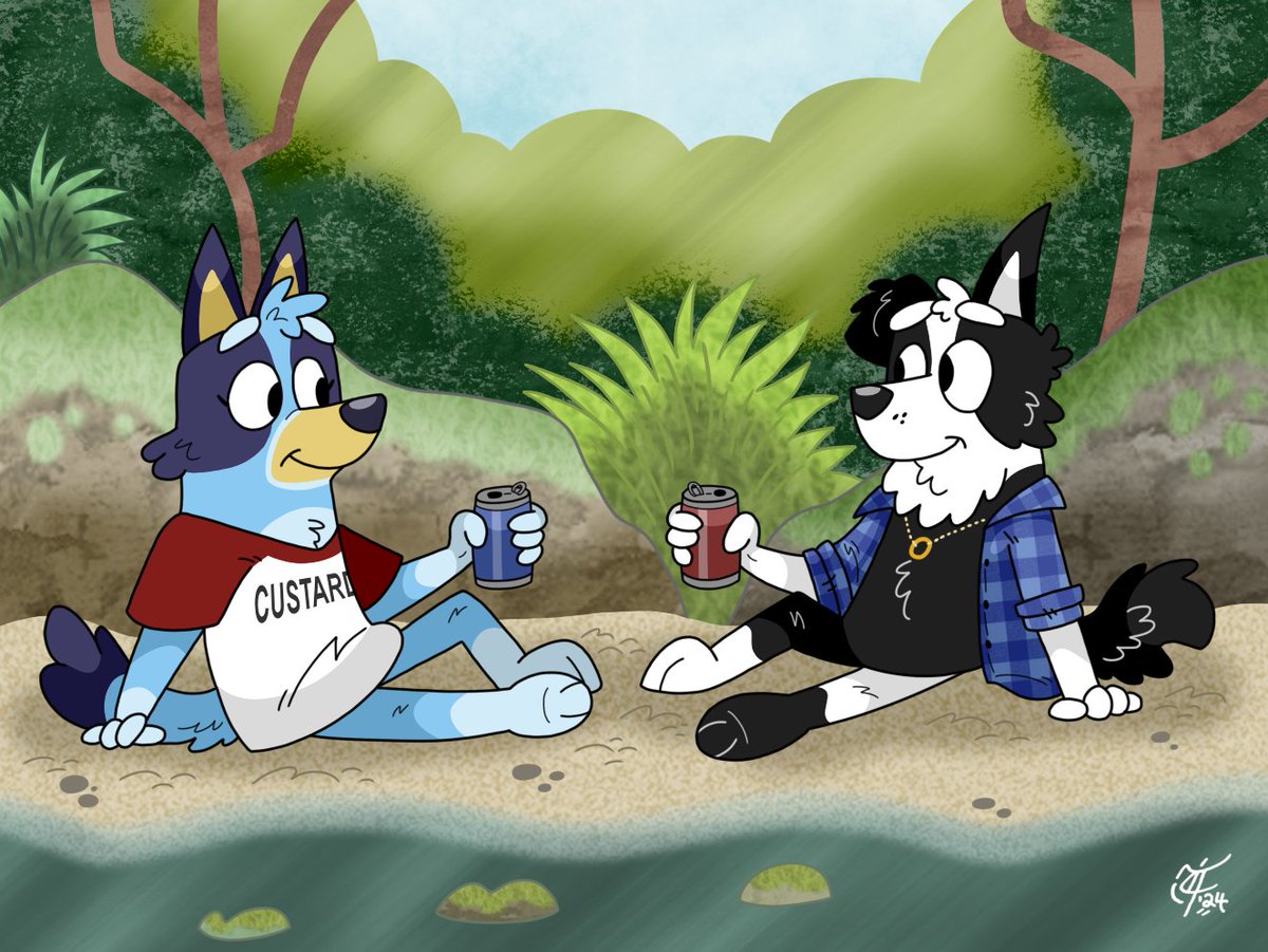 'Hey, Mum - what's so special about this spot in the creek?'
'Your dad and I used to come down 
here as teenagers to, umm, think...' 🐾🏞️💙🖤🍻😏 #Bluey #blueycreek #blueyfanart #blueyfutureau #blueymackenzie #Mackenzie #TheCreek #characterdesign #fanart #styleexperiment