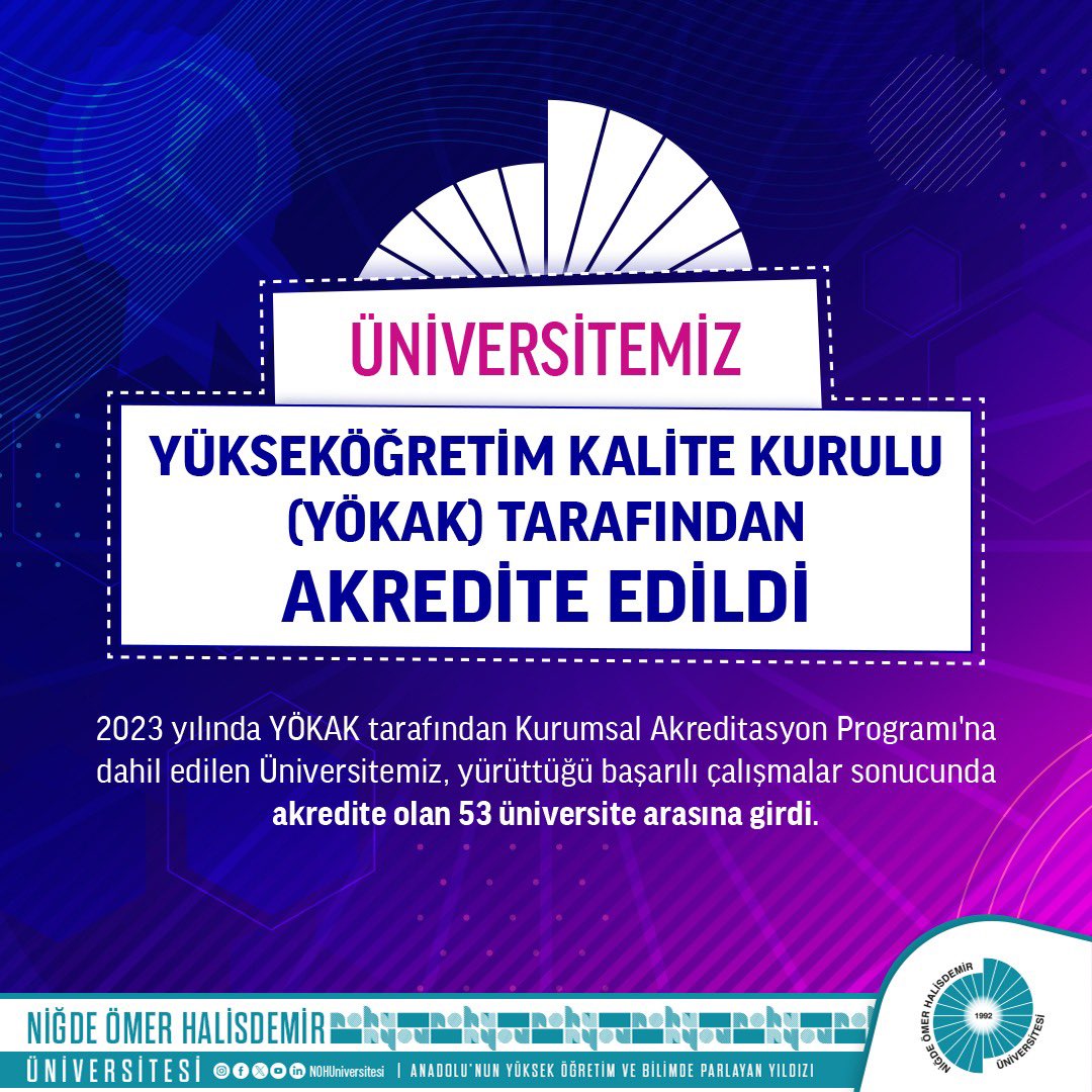 Anadolu'nun Yükseköğretim ve Bilimde Parlayan Yıldızı #NÖHÜ'den Bir Başarı Daha🙋🏻💫 2023 yılında YÖKAK tarafından Kurumsal Akreditasyon Programı'na dahil edilen Üniversitemiz, yürüttüğü başarılı kalite güvencesi çalışmalarıyla akredite olan 53 üniversite arasına girdi.☑️ #Niğde