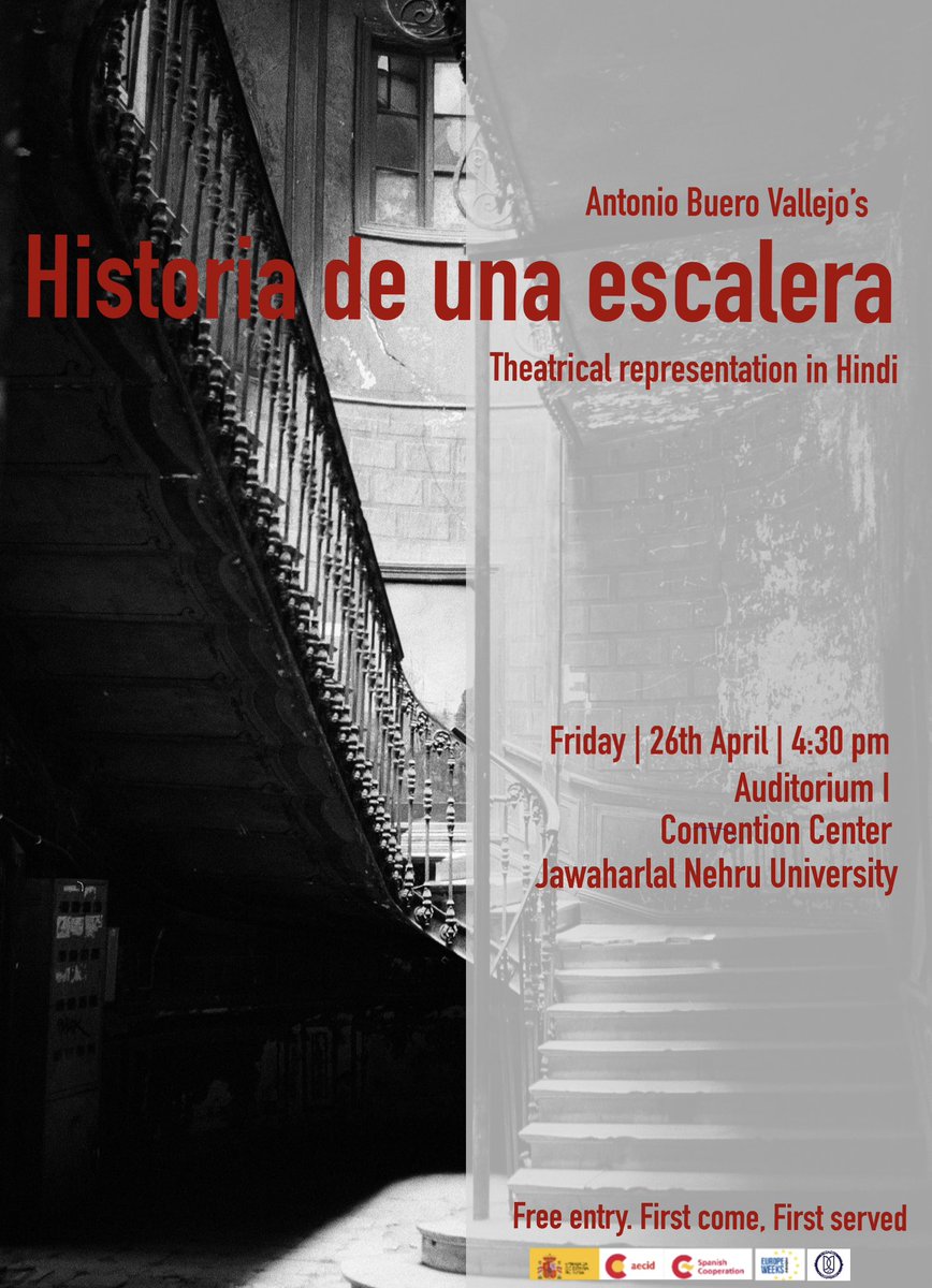 EmbEspIndia's tweet image. 🎭To all theatre lovers in #NewDelhi🇮🇳, @EmbEspIndia invites you to the representation of Spanish🇪🇸 theatre, “Historia de una escalera” by Antonio Buero Vallejo in #Hindi 

एक सीढ़ी की कहानी ||

🗓️Friday, 26th April
🕟4:30 pm
📍Auditorium I, Convention Center, JNU

#SpaIndia
