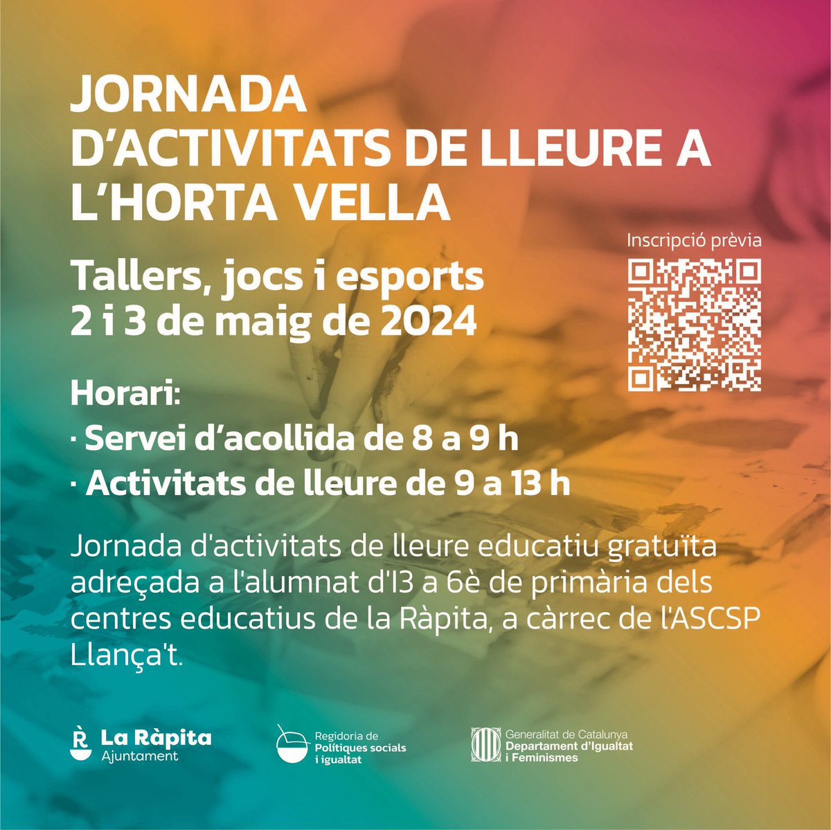 JORNADA D’ACTIVITATS DE LLEURE A L’HORTA VELLA
Tallers, jocs i esports

2 i 3 de maig de 2024

Inscripció prèvia a: docs.google.com/forms/d/e/1FAI…

#laRàpita