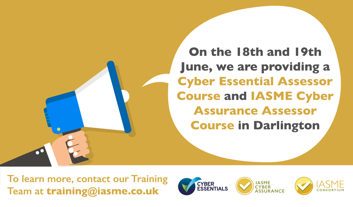 We are running a #CyberEssentials and #IASMECyberAssurance assessor course in Darlington on the 18th and 19th June 📣 For more information and to sign up, contact our training team via training@iasme.co.uk 📧