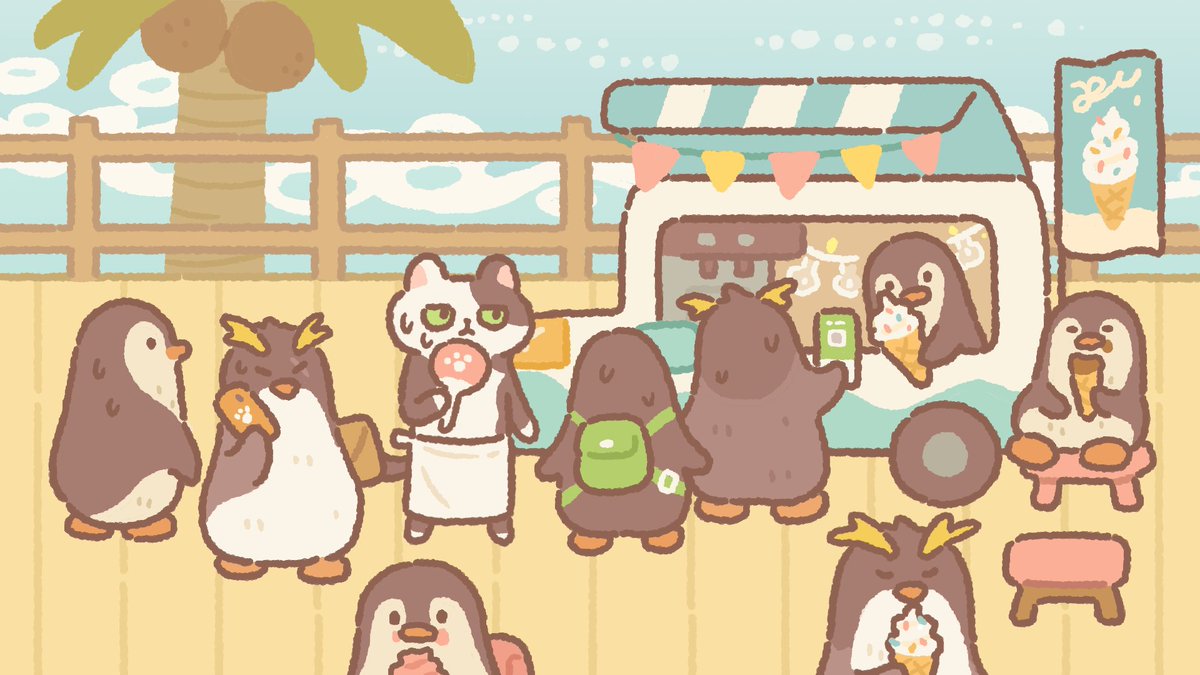 🐧🍦 Happy World Penguin Day! This group of penguins is taking over the beach and the ice cream stand!😸 #animalrestaurant #wallpaper #WorldPenguinDay #penguins #penguinlover #icecream