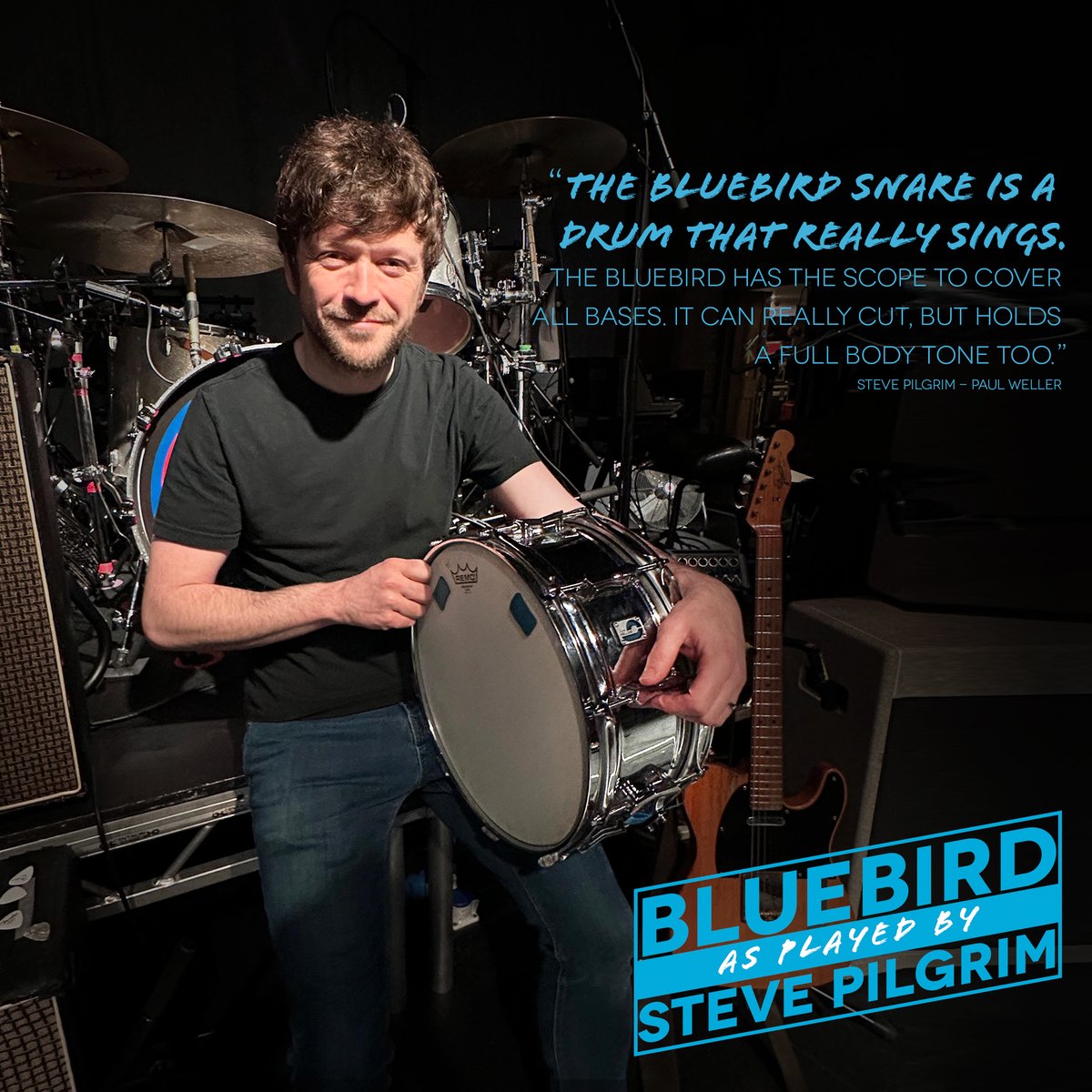 “On the shows I play there is a lot of musical ground and genres covered. The Bluebird has the scope to cover all bases. It can really cut, but holds a full body tone too. The Bluebird snare is a drum that really sings.” - @Mr_StevePilgrim, @paulwellerHQ #britishdrumco