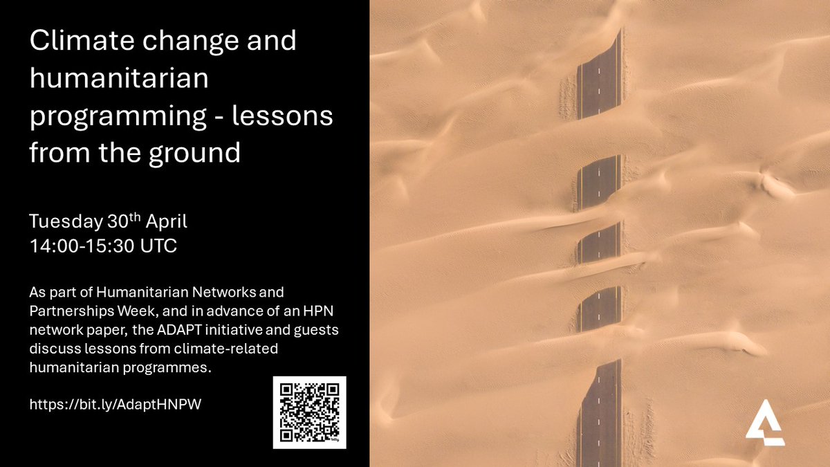 Join us for @Adapt_Init discussion on #humanitarian programmes on the ground tackling effects of #ClimateCrisis with @IMC_Worldwide @GiveDirectly @DanChurchAid and @AIDMI_ORG. A sneak peak at @hpn_hpg paper, out soon. Online, Tues 30th, 14:00 UTC. bit.ly/AdaptHNPW