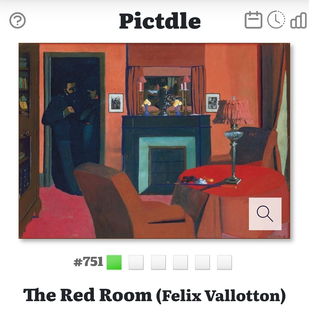 #pictdle #751 🔵 Ayer salió otra 'Habitación roja' en @Sabery_Ganar de @la2_tve ¿Alguien sabe de quién? La habitación roja (Felix #Vallotton) Esta tempera sobre cartón representa un interior rojo que incluye una abertura oscura fr.wikipedia.org/wiki/La_Chambr… pictdle.com