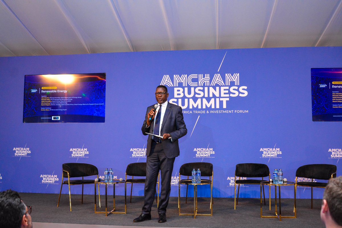 davis_chirchir's tweet photo. During the Renewable Energy Roundtable at the ongoing #AMCHAMSummit24 Business Summit, I gave a keynote address highlighting Kenya's advancements in renewable energy development. https://t.co/ex4K3Mstz6