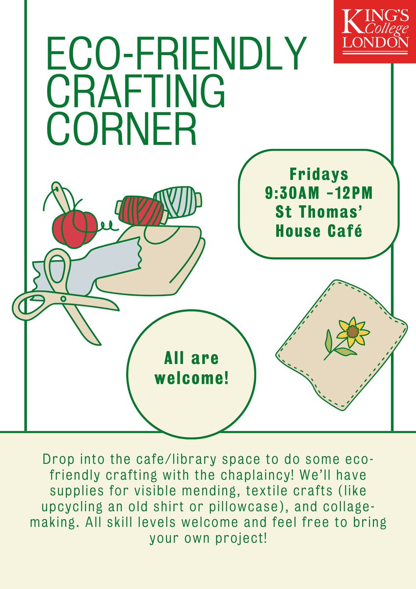 Are you going to be at the St Thomas' Campus tomorrow? Every Friday morning, 09.30-12.00, until the end of May you can do some eco-friendly crafting with @KCLChaplaincy in the Café area in the St Thomas' House Library. Supplies provided or bring your own project!
