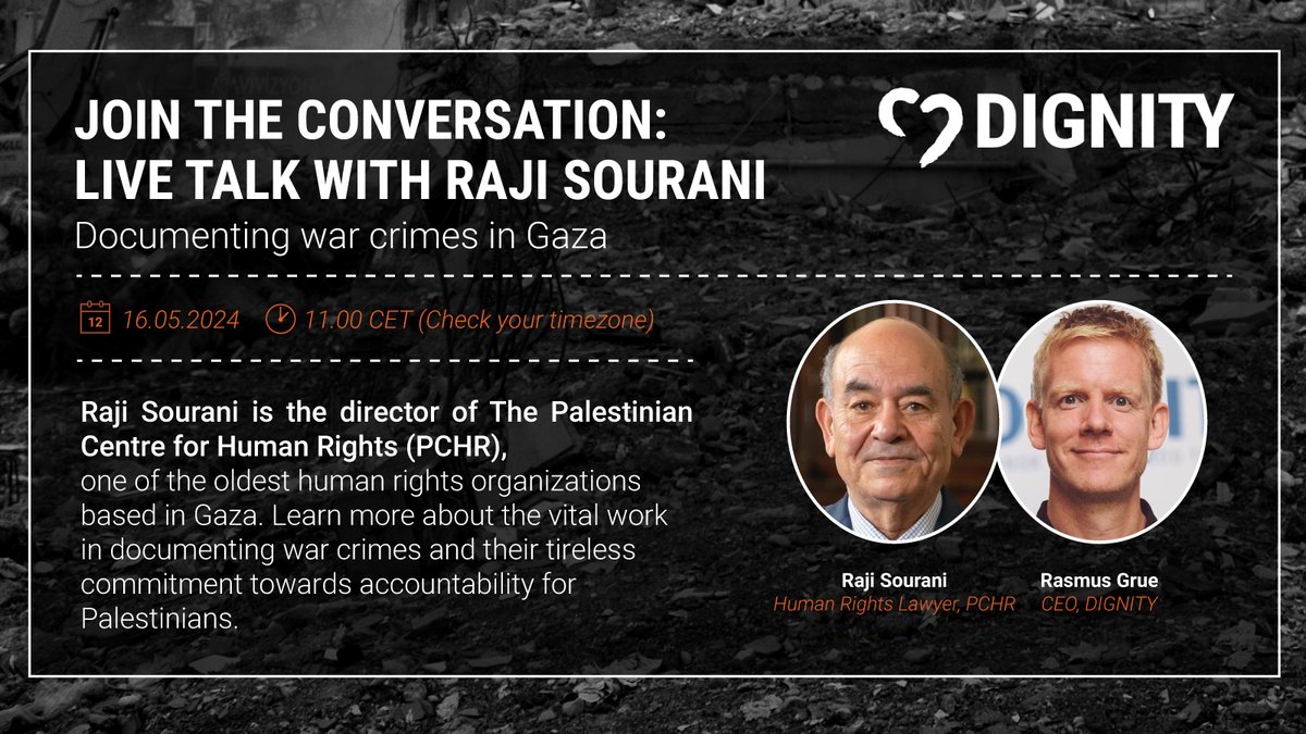 Join live talk with Human Rights Lawyer @RajiSourani. Sourani is the Director of @pchrgaza, one of the oldest human rights organizations based in #Gaza. Learn more about their work in documenting war crimes and commitment towards accountability Register 👉 video.dignity.dk/documenting-wa…