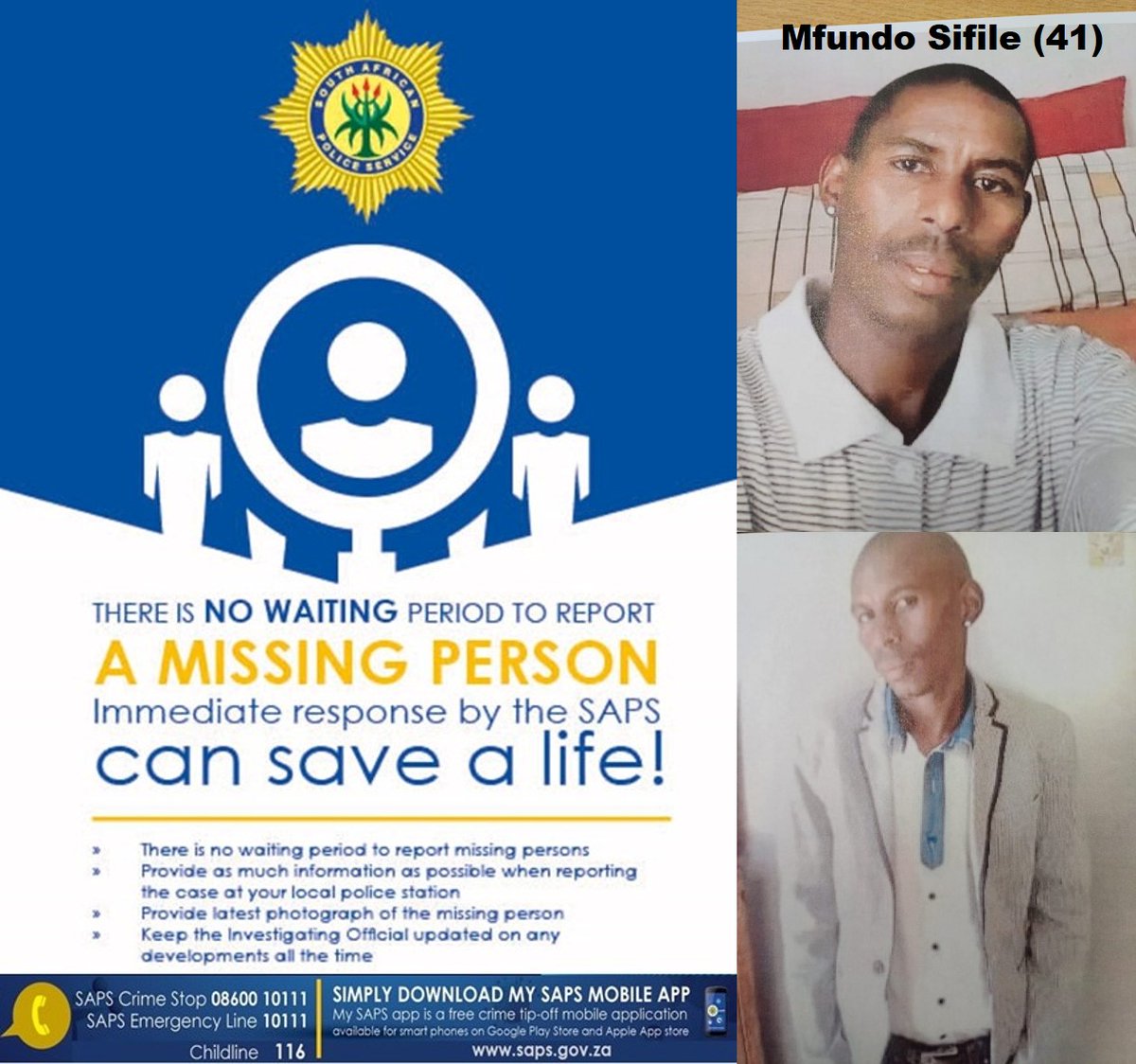 RT #sapsEC #SAPS Algoa Park detectives seek the  community’s assistance in locating a 41yr-old man, Mfundo Sifile, from Kwadwesi, who is #missing since 28 October 2023. A missing person’s case was opened in February 2024. Info->D/Const Ashron Bergman on 067 082 5379 #CrimeStop