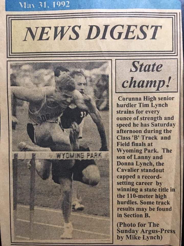 The Heartbeat of Corunna (@hbocorunna) on Twitter photo Throwback Thursday - Tim Lynch, MHSAA State Champion high hurdler for Corunna in 1992.
Submitted by Tim’s sister, Kate DiLorenzo <a href="/CorunnaTrack/">Corunna Track&Field</a> Throwback Thursday - Tim Lynch, MHSAA State Champion high hurdler for Corunna in 1992.
Submitted by Tim’s sister, Kate DiLorenzo <a href="/CorunnaTrack/">Corunna Track&Field</a>
