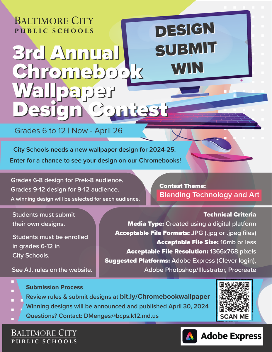 Our 3rd annual Chromebook Wallpaper Design Contest has been extended to tomorrow, April 26. Students in grades 6-12 are invited to submit their designs. The winning designs will be the new Chromebook background for the 2024-2025 school year. bit.ly/Chromebookwall…