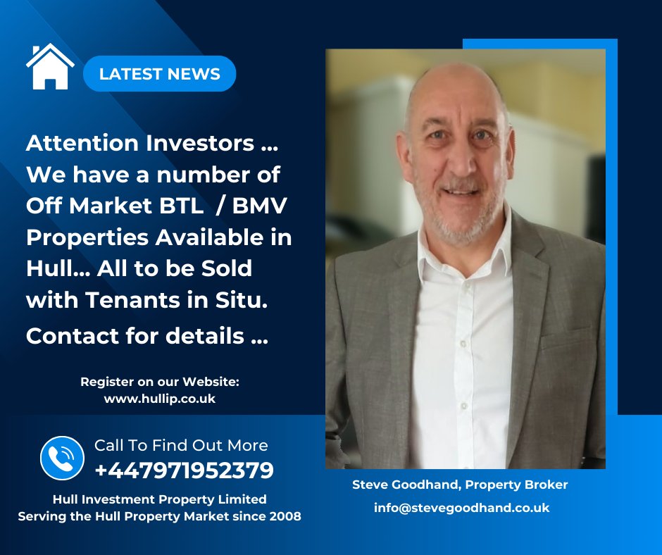 LATEST NEWS ... OFF MARKET
HULL PROPERTIES AVAILABLE
Hull Investment Property Limited
#hull #stevegoodhand #investment #property #investors #btl #next #seizetheday #CarpeDiem #forsale #bmv #offmarket