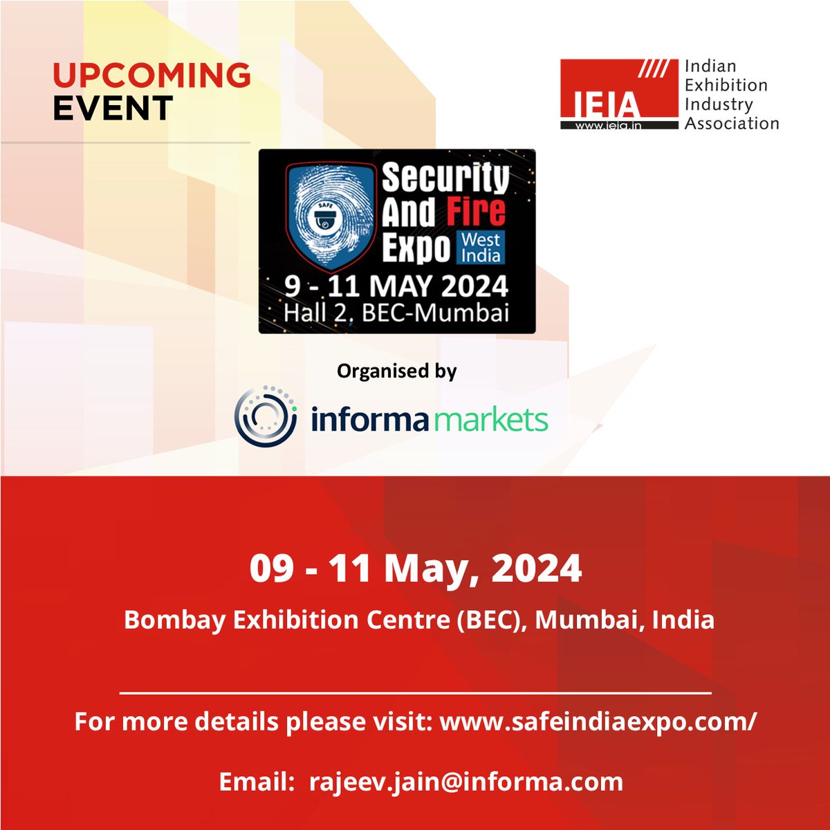 #IEIA upcoming member event: Security & Fire Expo 2024 For more details: safeindiaexpo.com/west/index.php @IndiaIFSEC @in_informa #SecurityAndFireExpo2024 #SecurityAndFireExpoMumbai #IEIA #IEIAMembersEvent #IEIAMembership #Internationalexpo Be a member now- lnkd.in/gejg-Jh