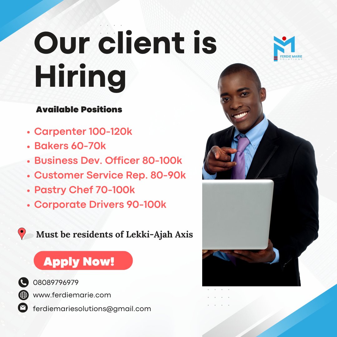 Our client is Hiring! See our recent openings... Details on flier! Reach out to us via DM or send a mail to ferdiemariesolutions@gmail.com / 08089796979 #jobvacancies #jobseekers #hiring #ferdiemariesolutions