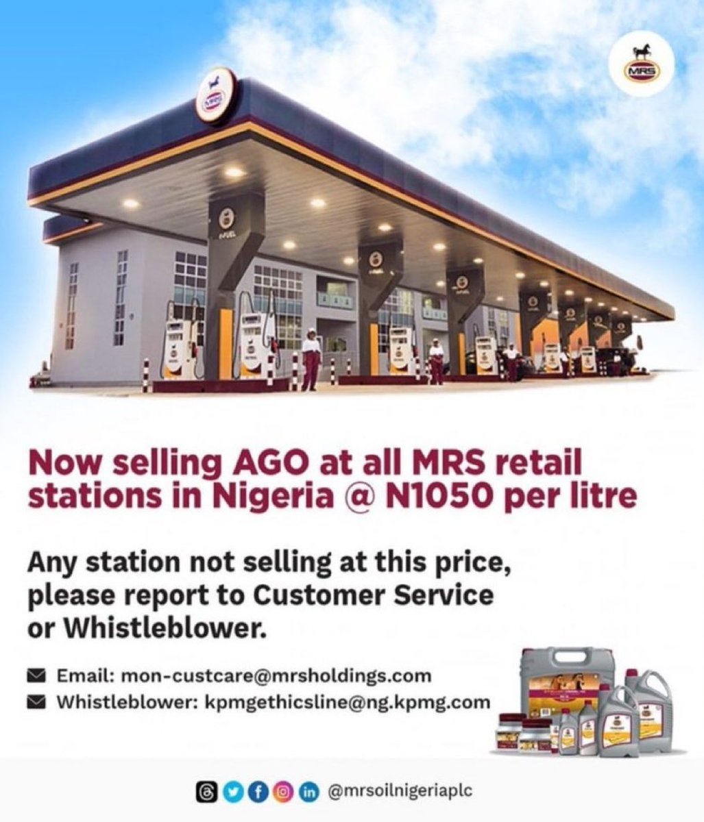 “BREAKING NEWS:

Sayyu Dantata's MRS Oil @MRSOilNigeria is now selling Diesel AGO at N1,050 across ALL its retail outlets nationwide. AGO had reached as high as N1,700 last month, now N1,250 to N1,350 in Kano.

This is remarkable news, thanks to the vision of one @AlikoDangote,…