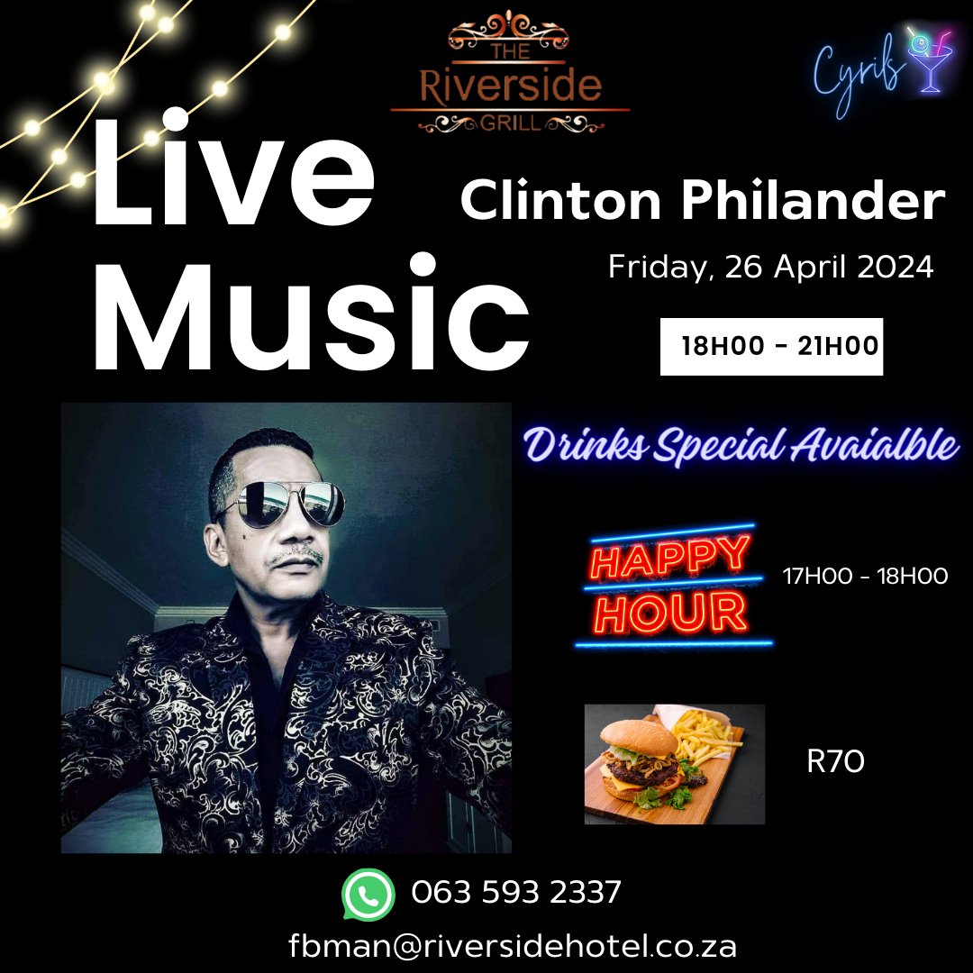 Join us tomorrow night for live music with Clinton Philander from 6pm -9pm. Happy hour from 5pm -6pm. We have our yummy burger special for only R70! Book your tables now by contacting fbman@riversidehotel.co.za or WhatsApp 063 593 2337. #riversidegrill #livemusic #freedomweekend