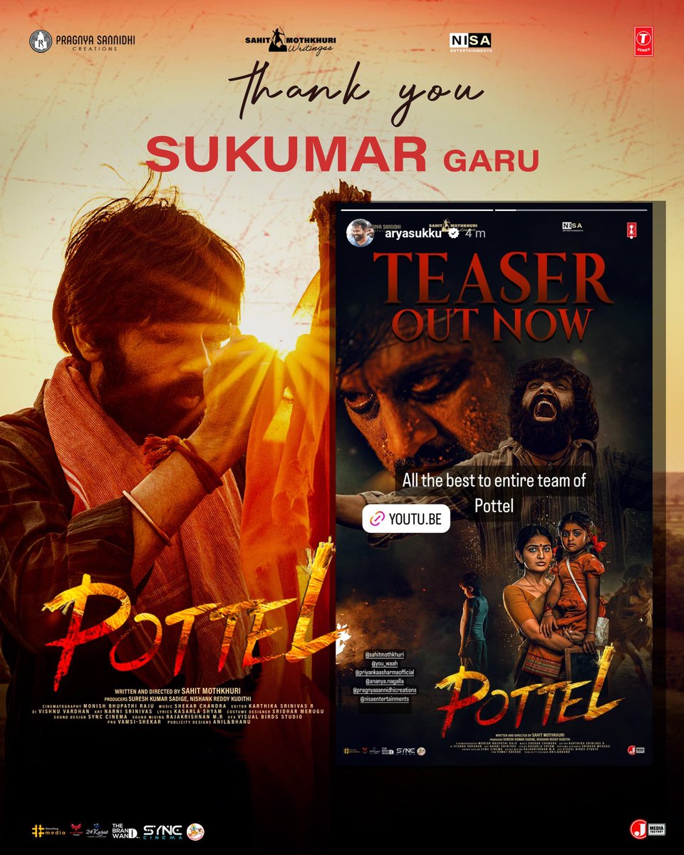 Maverick Director @aryasukku garu impressed by impactful #PottelTeaser and wished all the best to entire team of #Pottel 😍💥 - youtu.be/CHJTFPutiec 🎬 by @MothkuriSaahith 💰 by @nishankreddy17 @SureshKSadige   @YuvaChandraa @AnanyaNagalla @NisaEnt @pscreations_psc…