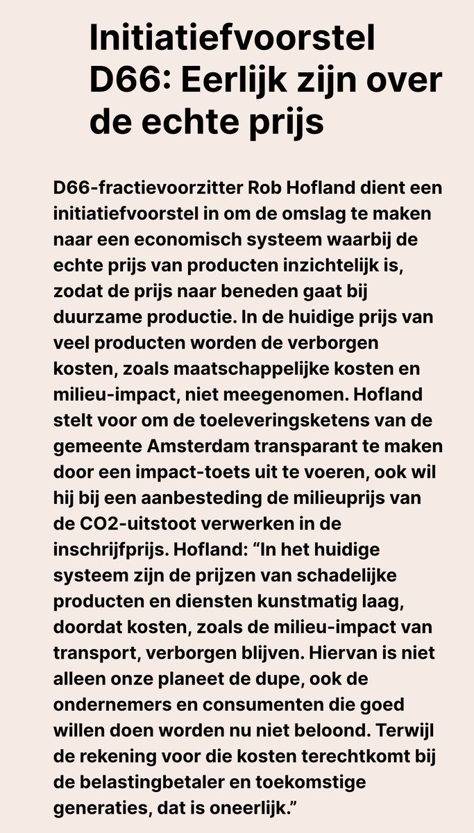 Daarom stelde ik gisteren voor om een proef te doen met aanbesteding op basis van ‘true price’ (eerlijke/echte prijs) waarbij de verborgen kosten (die anders afgewenteld worden op de samenleving of toekomst) ín de aanbesteding zitten. <a href="/MinisterEZK/">Minister EZ</a> zegde dit toe!

Mijn inspiratie: