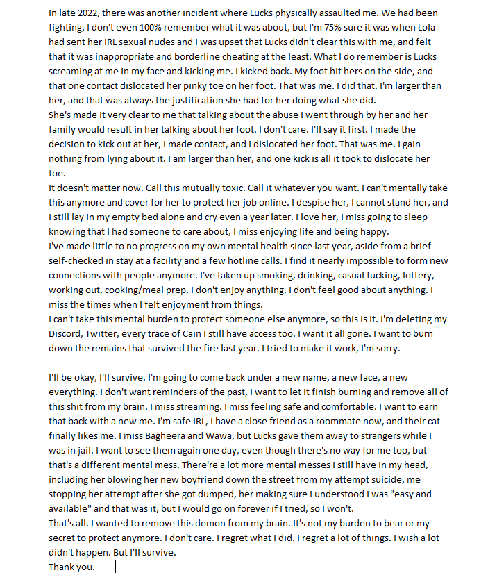 cain_sins's tweet photo. TW// domestic abuse, cheating, self-harm

I'm sorry, but this'll be it for Cain. I'll survive and move on, but I need to remove this from my brain and let go. I don't owe Lucks/LewdLux/Lewdluxu anything anymore, her privacy does not trump my mental health. I need to recover. https://t.co/U3OMLChPVT
