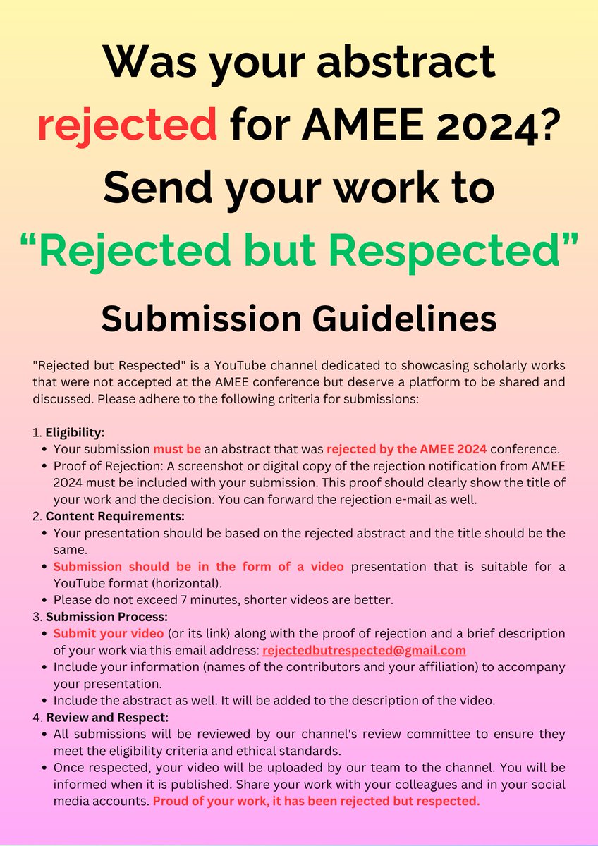 Was your abstract rejected for #AMEE2024? Ours too.

We have great news! Now you can share your work with a global audience.

We (me &amp; <a href="/DrPriyaKhanna/">Priya Khanna</a>) created a YouTube channel: Rejected but Respected

Submit your rejected works!
The only criterion: Being rejected by AMEE 2024
