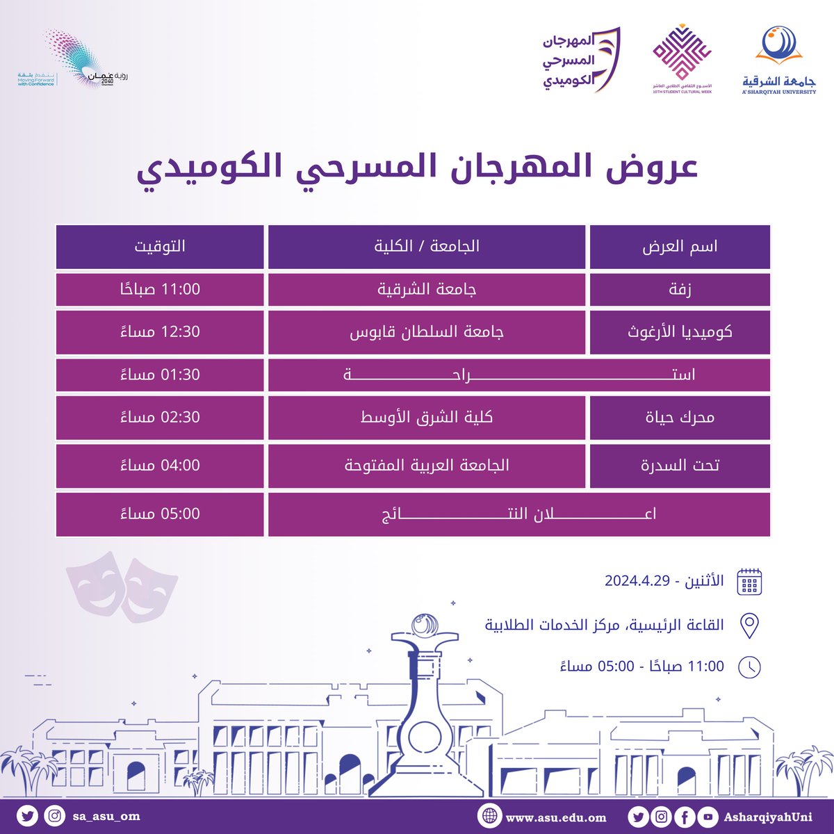 sa_asu_om's tweet photo. المهرجان المسرحي الكوميدي بجامعة الشرقية 🎭✨
#الأسبوع_الثقافي_الطلابي_العاشر
#cw10 https://t.co/7fO9ZZGAeC